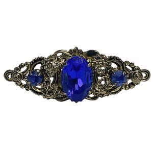 80s Retro Victorian Gold Plated & Sapphire Blue Faceted Crystal Bar Brooch